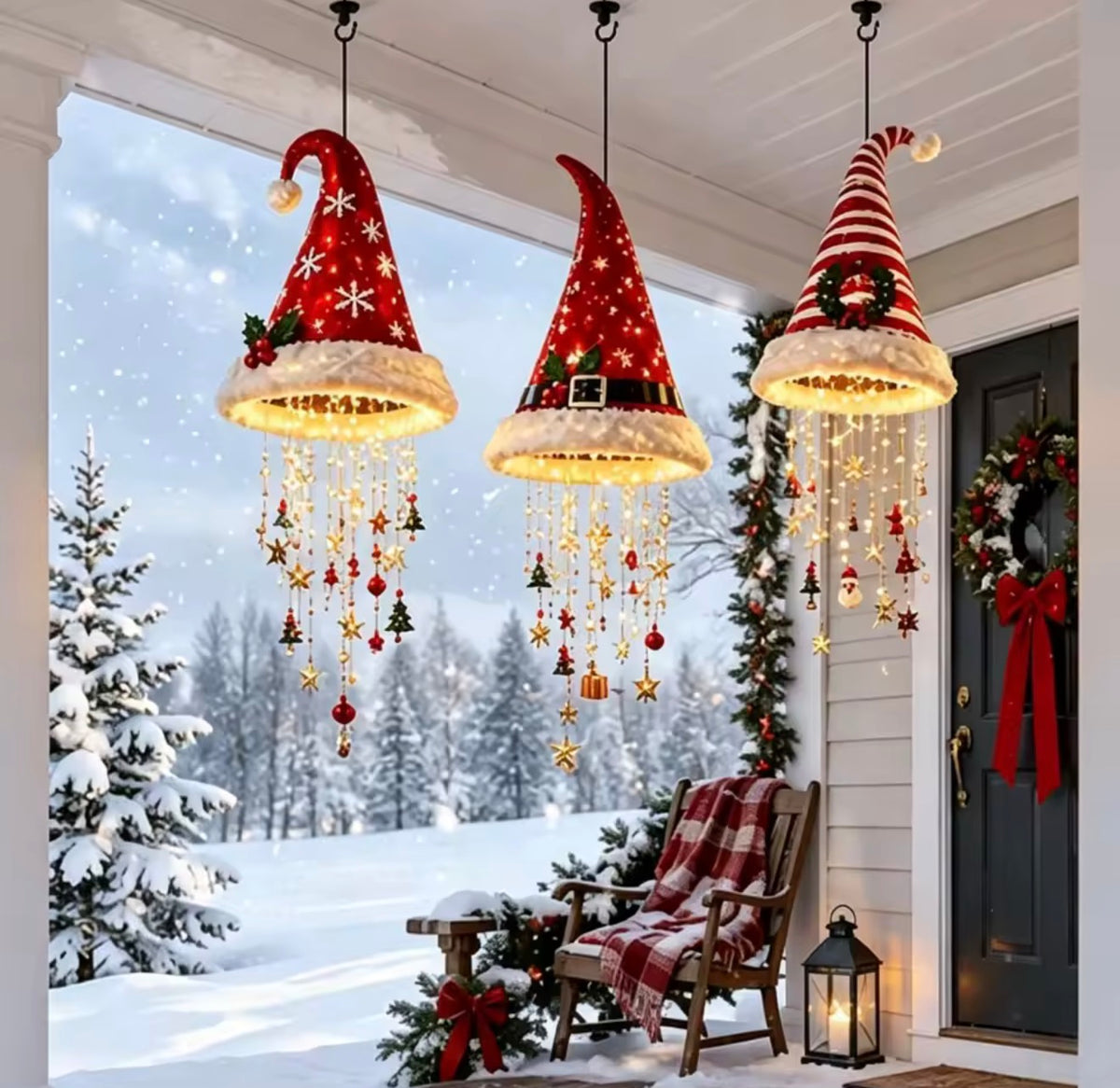 Hanging Christmas Santa Hat Lights & Ornaments