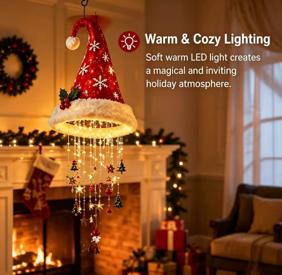 Hanging Christmas Santa Hat Lights & Ornaments