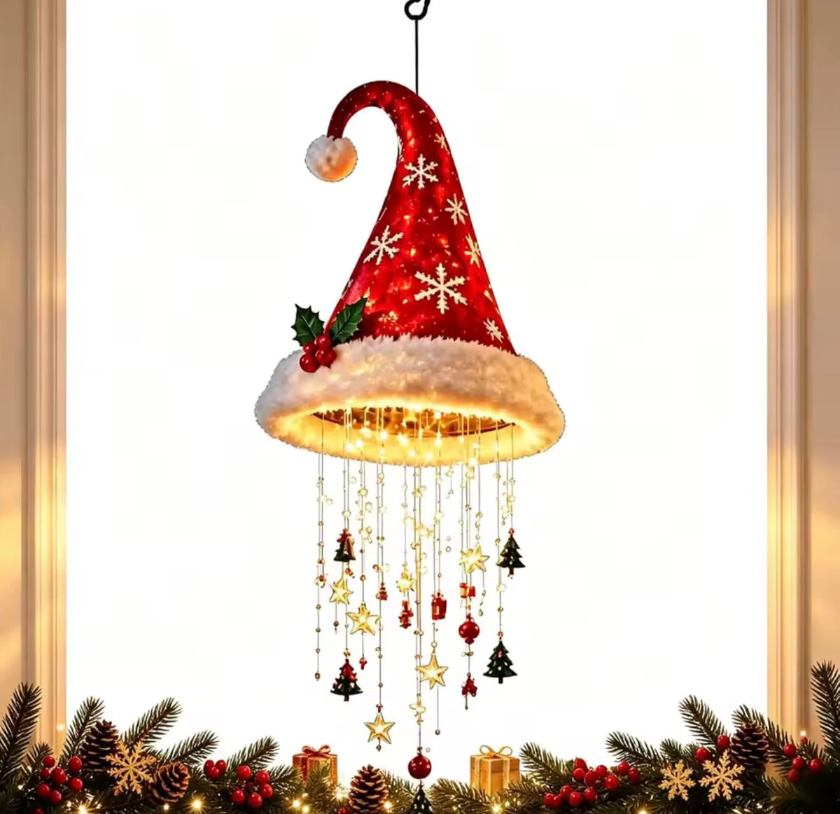 Hanging Christmas Santa Hat Lights & Ornaments