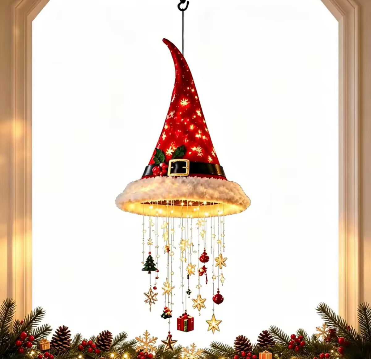 Hanging Christmas Santa Hat Lights & Ornaments