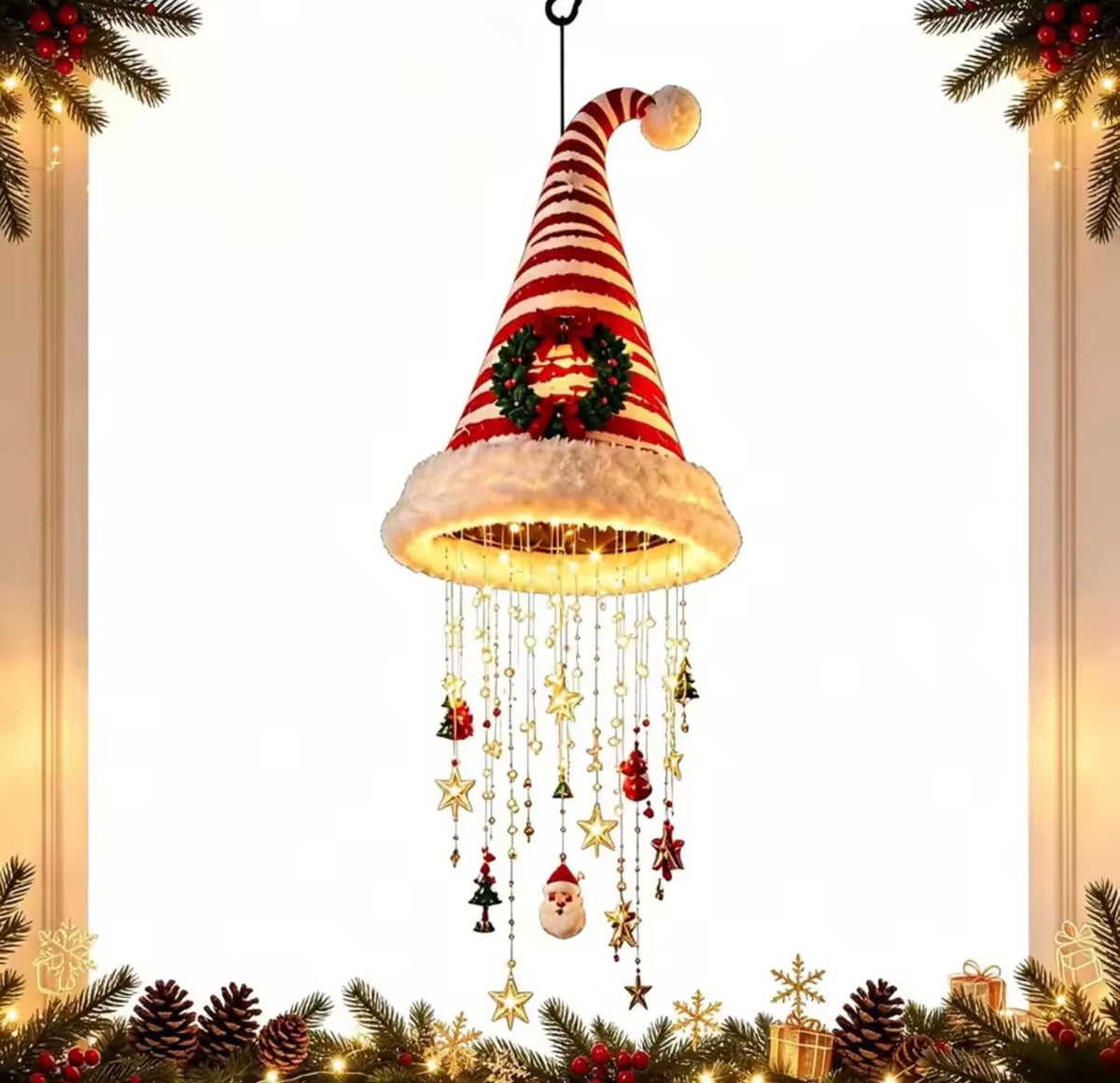Hanging Christmas Santa Hat Lights & Ornaments